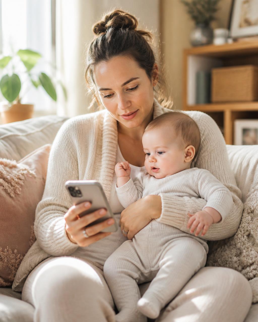 Mamá consultando Cloomi en su celular mientras sostiene a su bebé